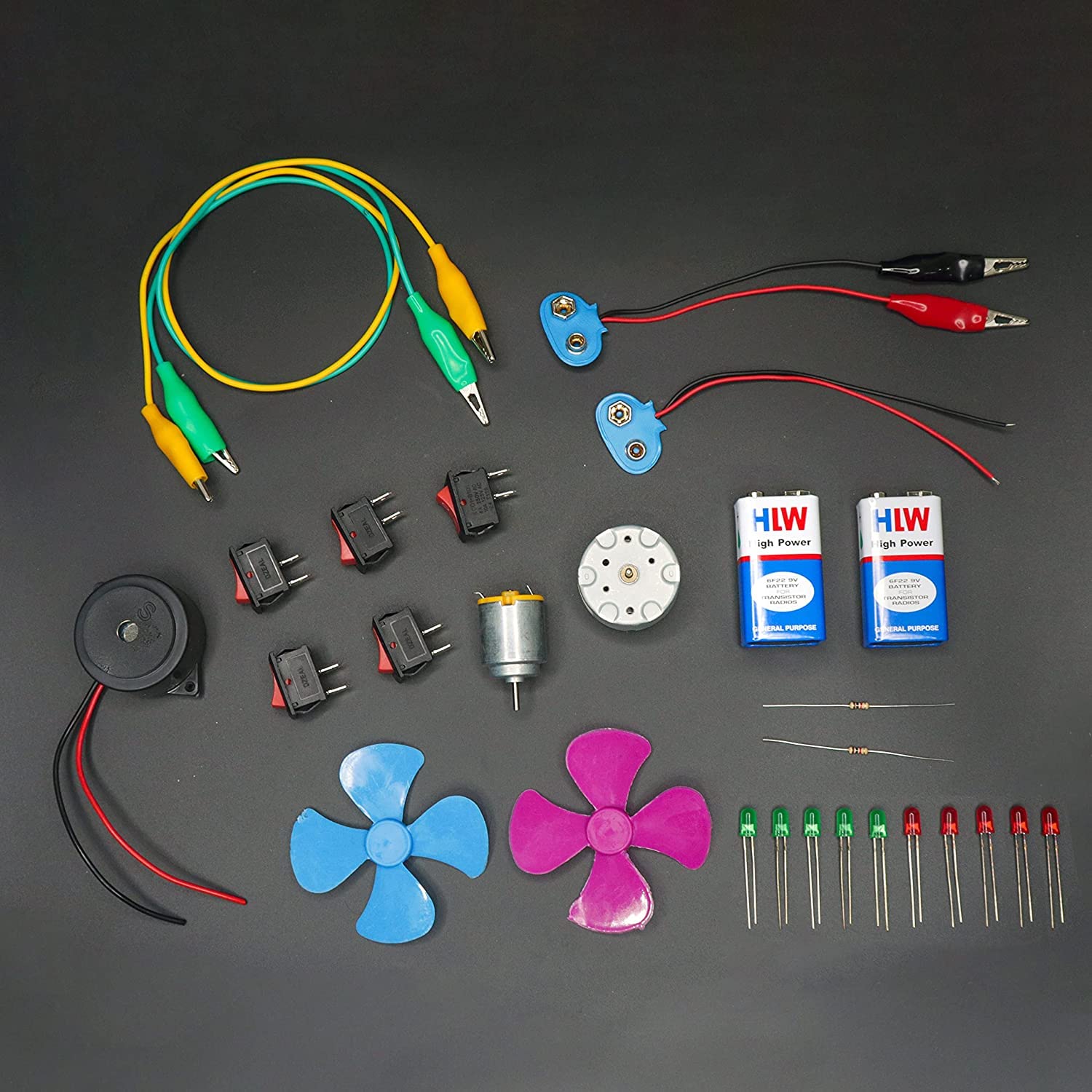 Electronic Spices 28pcs Mini Starter kit for beginners (motor, battery, switch, alligator clip, buzzer,resistor, led, propeller)
