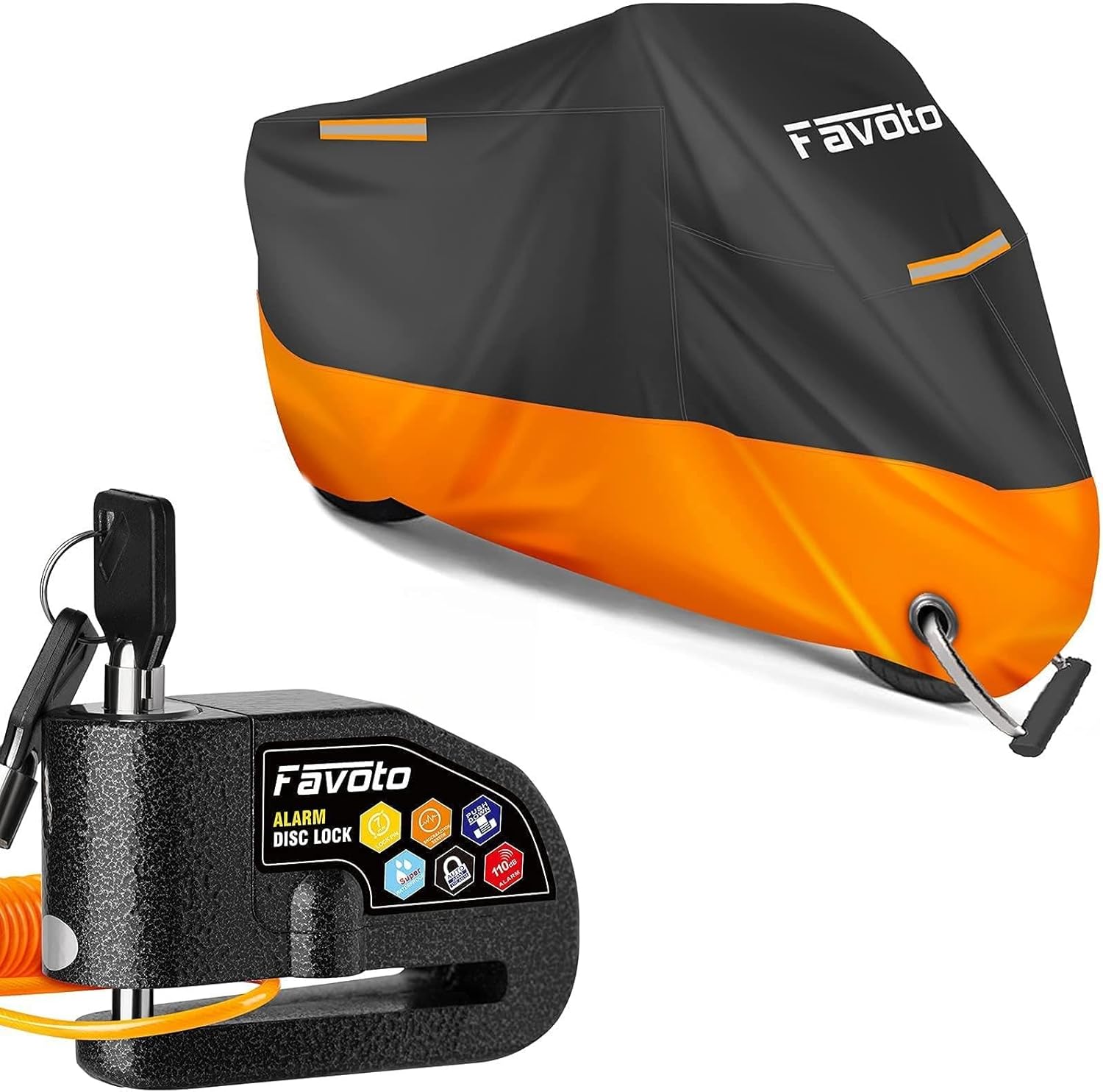 Favoto Motorcycle Cover 96.5 inch Length Outdoor Protection + Favoto Disc Lock Alarm 110dB Alarm for Motorcycle Bikes e-Bikes