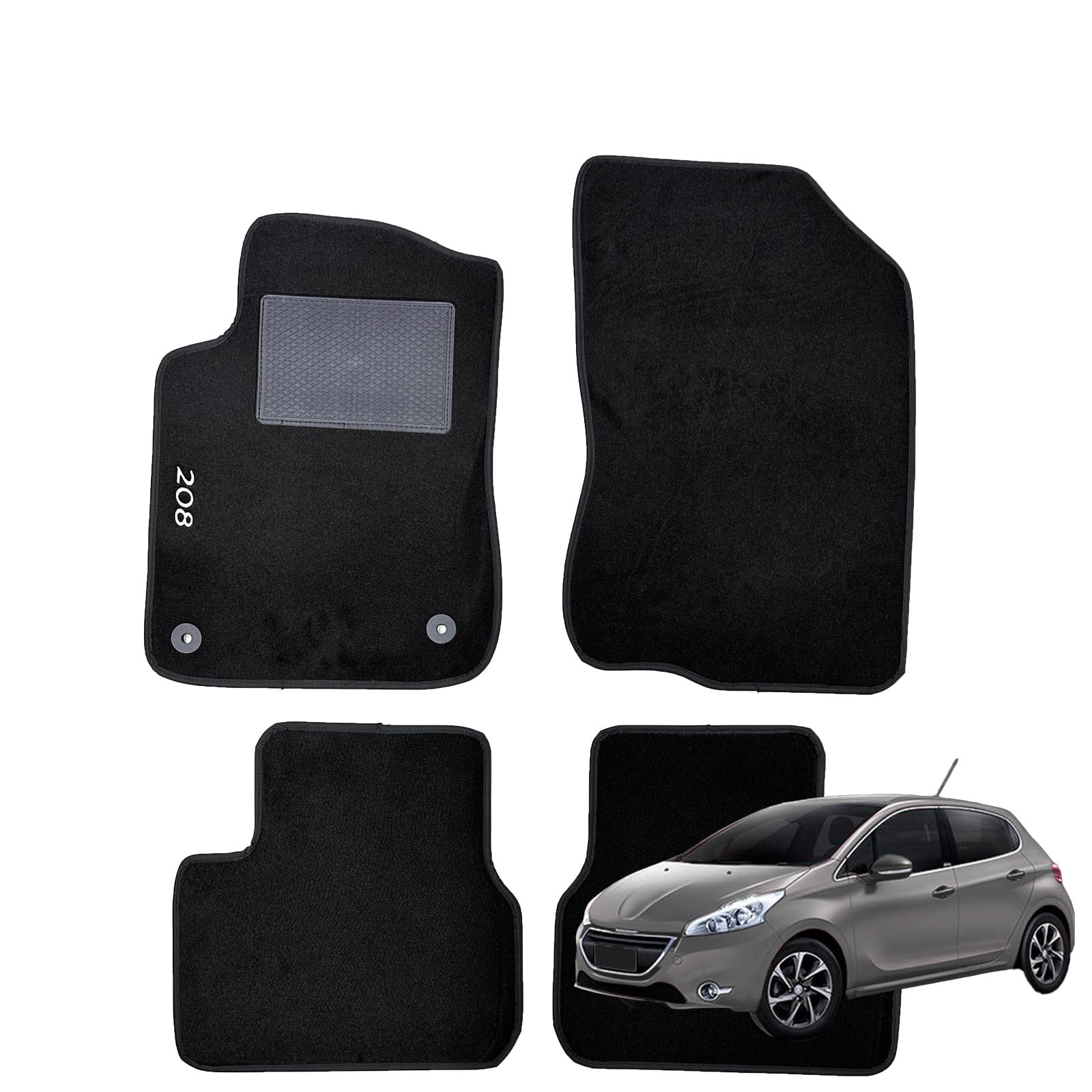 W-Parts SERIE 4 TAPPETI - TAPPETINI in MOQUETTE Neri per 208 dal 2012 al 2019 con battitacco Cucito, Bottoni di Fissaggio e Striscia Antiscivolo