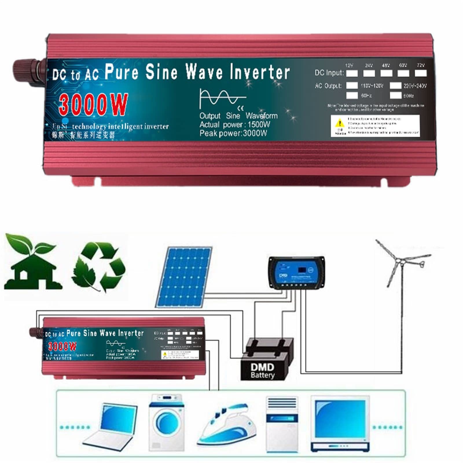 Inversor de Corriente, Inversor de onda sinusoidal pura DC 12v / 24v 1000W 1600W 2000W 3000W Convertidor de banco de energía portátil Inversor solar(3000W 24V,50HZ_1)