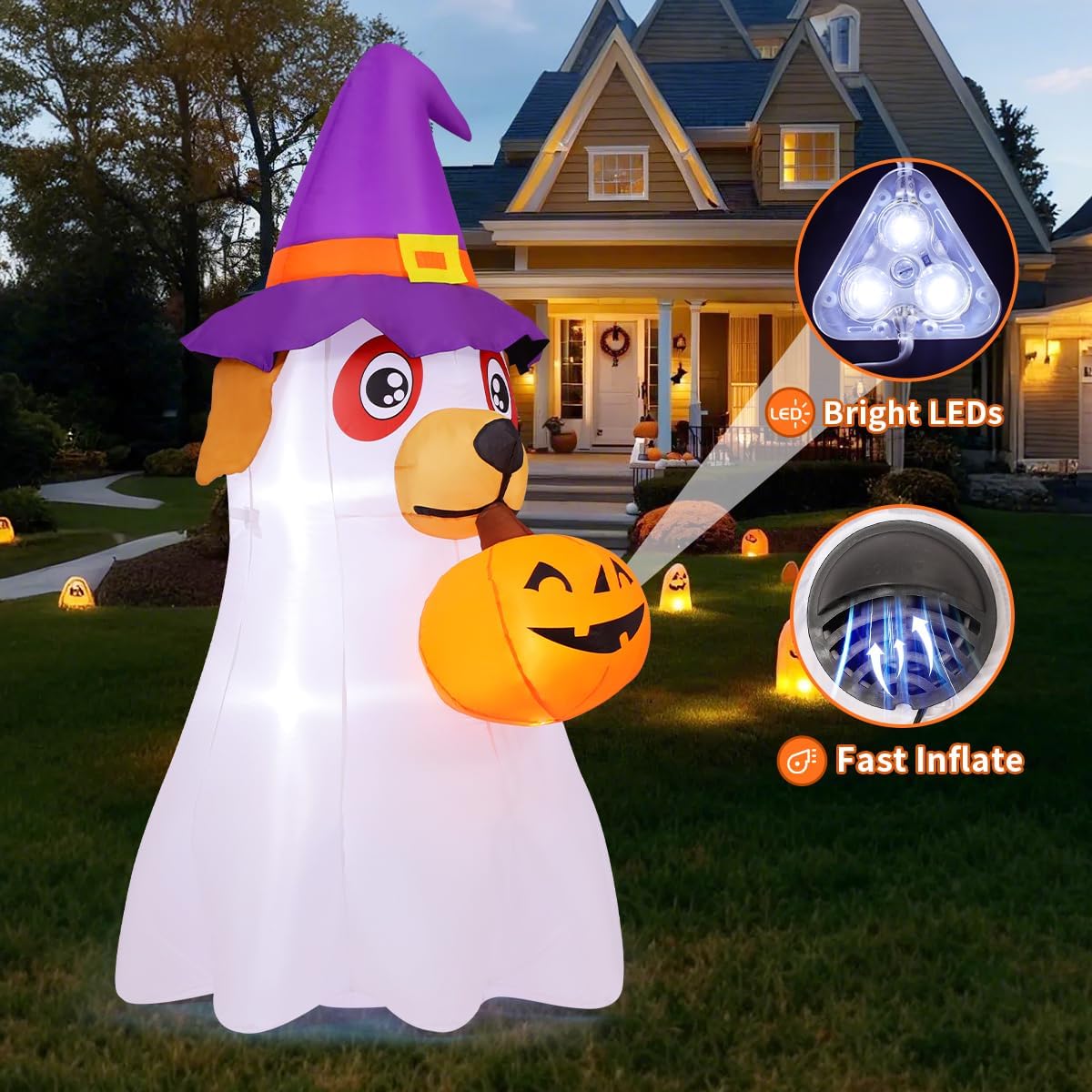 GOOSH 6.2 FT Halloween Inflatables Dog Outdoor Decorations Blow Up Yard Cute Puppy Ghost with Pumpkin with Built-in LEDs for Indoor Party Garden Lawn Holiday Decor