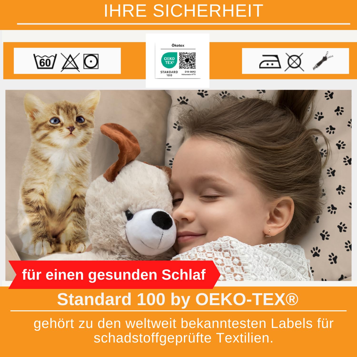 Aminata kids Katzen Bettwäsche 135x200 Biber 100% Baumwolle