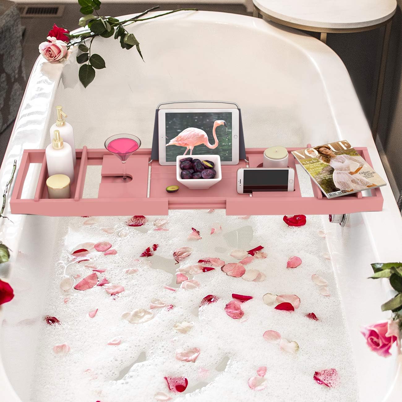 Domax Bathtub Caddy Tray - Expandable Bamboo Tub Tray for Luxury Bath with Book Holder Free Soap Dish Pink : Home & Kitchen