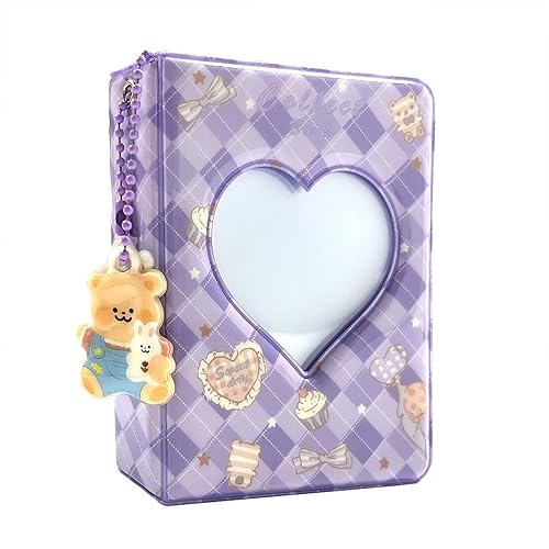 3 Inch Mini Photo Album, Heart Hollow Card Binder Photo Card Holder with Pendant 40 Pockets (purple plaid) - purple plaid