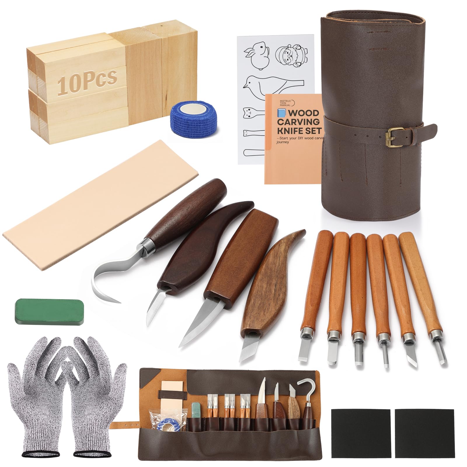 Kit Sculpture Bois 28 Pcs – 12 Couteaux à Bois, Blocs & Affûteur | Lames acier chrome-vanadium, manches en noyer antidérapants. Tout le nécessaire pour sculpteur débutant ou confirmé