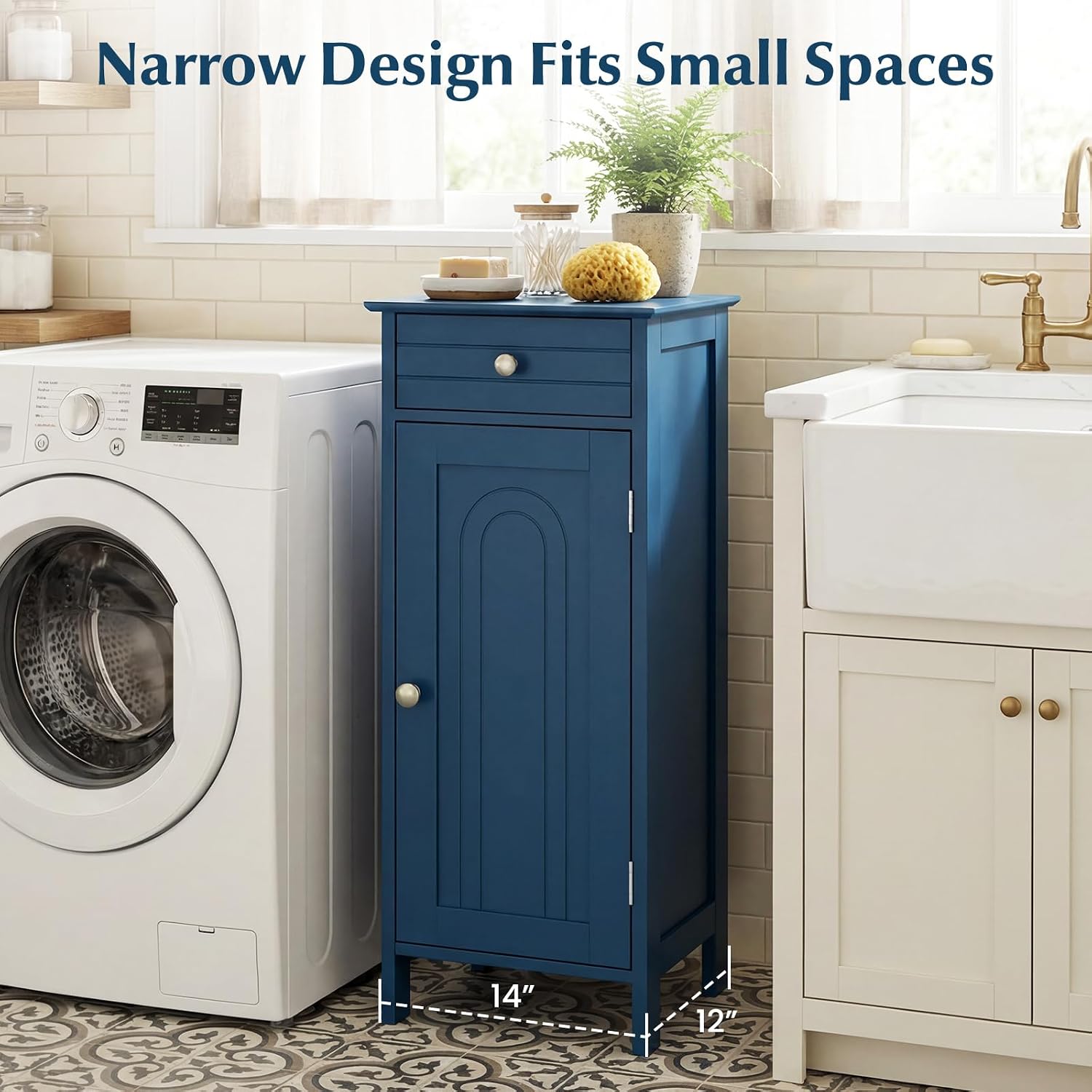DREAMADE Small Bathroom Storage Cabinet, Narrow Storage Organizer with Drawer & Single Door, Adjustable Shelves, Slim Cabinet for Small Space, Bathroom & Living Room, Blue