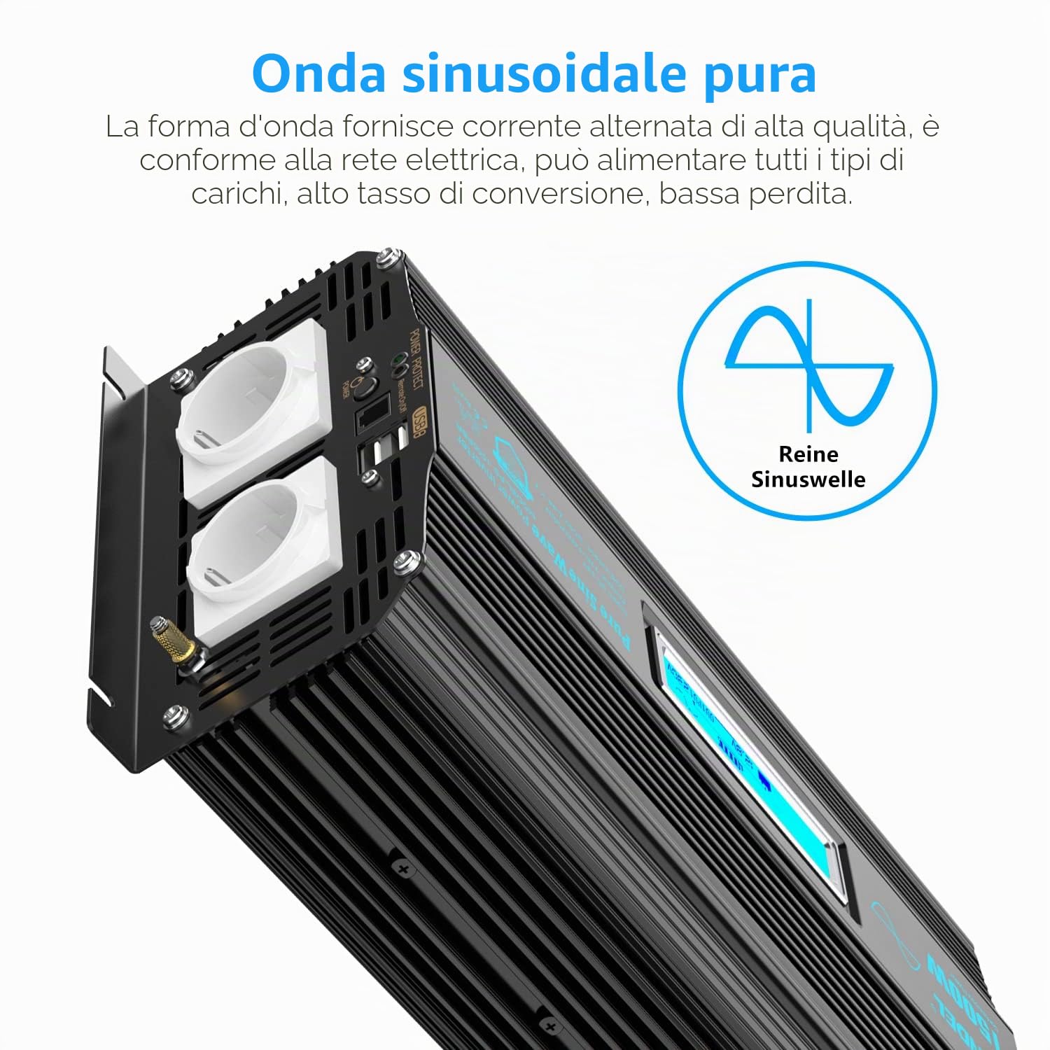 Giandel Power Inverter 1500W Onda Sinusoidale Pura Convertitore DC 12V a AC 220V 230V con telecomando & LCD Display e 2 Porte USB per auto,caravan camper