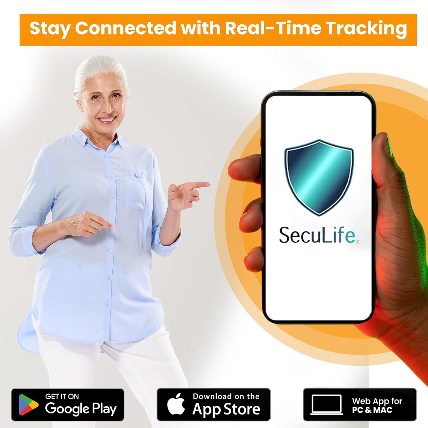 Elderly person on the ground after a fall, with the SecuLife GPS Tracker nearby
