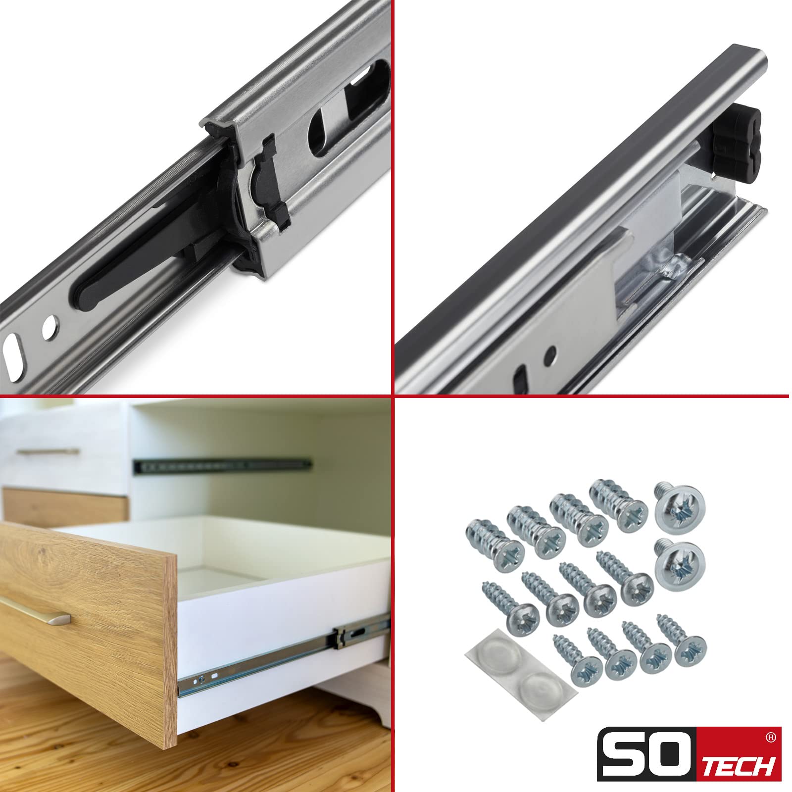 SOTECH 4 paires de Coulisse à sortie totale KV-35-H45-L400-NF-MS 400 mm version standard, charge admissible 35 kg, glissière de tiroir avec kit de visserie