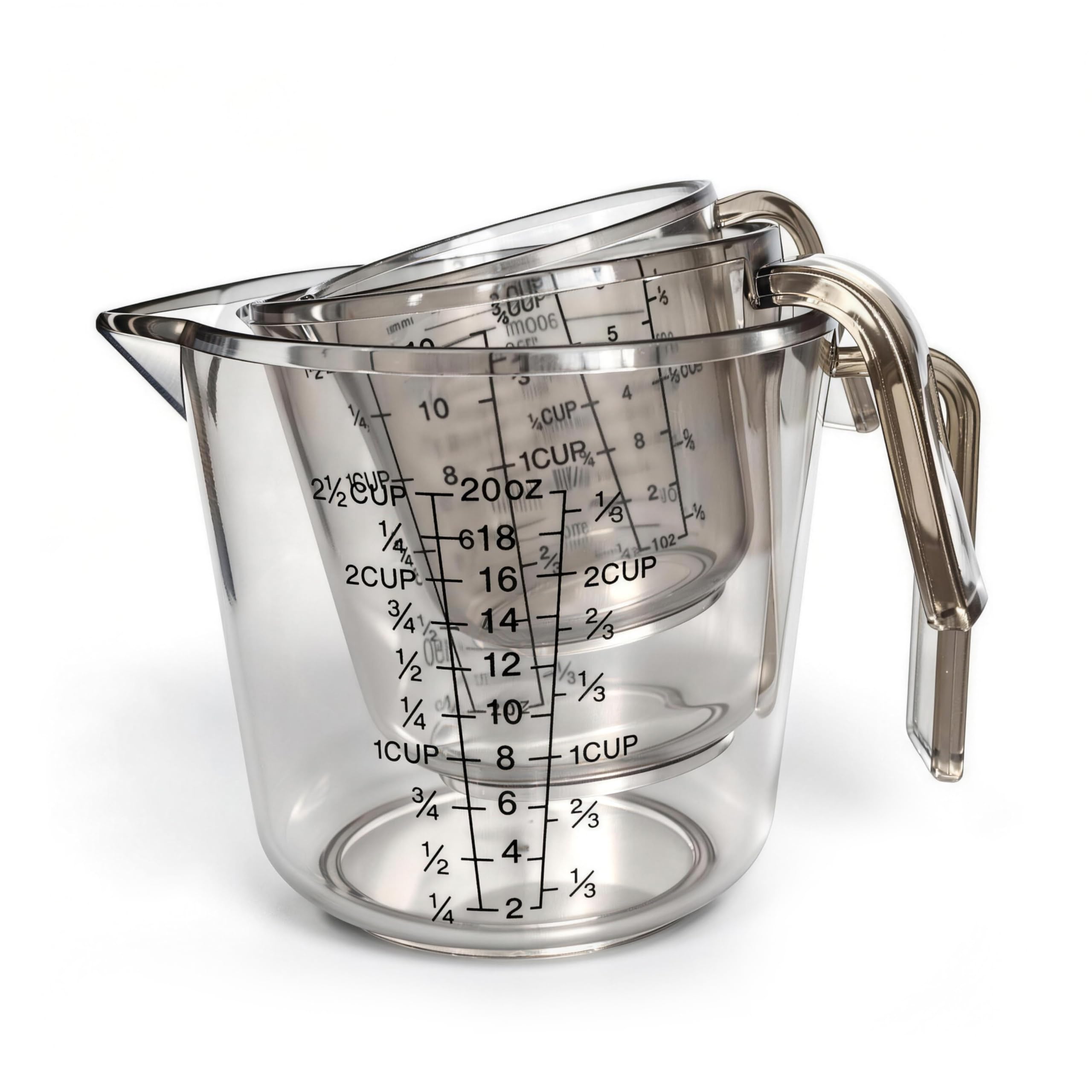 Photo 1 of ** one is missing **Measuring Cups Set, 3PCS with Pour Spout & Handle, Multi-Scale (cup | oz | ml) Stackable Liquid & Dry Plastic Measuring Tools for Baking Cooking, Essential Kitchen Gadgets (Coffee Brown)