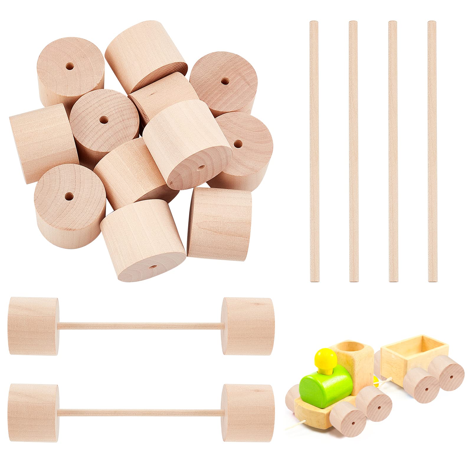 OLYCRAFT 24pcs Wood Craft Wheels Kit 1.6 inch Unfinished Wooden Wheel with Wooden Sticks Wooden Crafts Wheels with 0.2" Holes for Small Cars Crafts DIY Painting Wood Projects