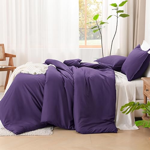Miniatura 5 de Litanika Juego de edredón de color morado oscuro, tamaño Queen, juego de ropa de cama y colecciones de 3 piezas, ligero y liso, juego de cama