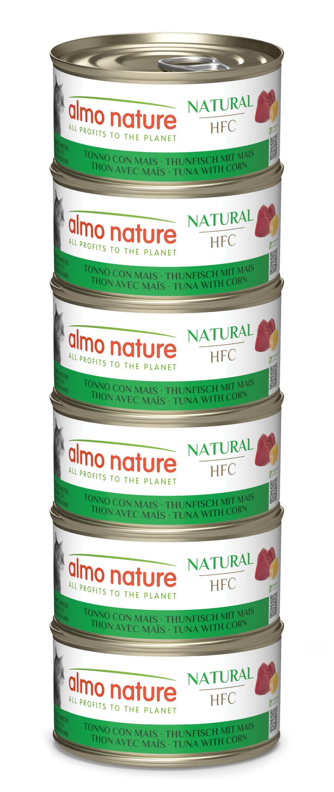 Almo Nature HFC Natural - Wet Cat Food - Tuna with Sweetcorn - Human Grade, Gluten Free, Monoprotein - 70g, Pack of 6