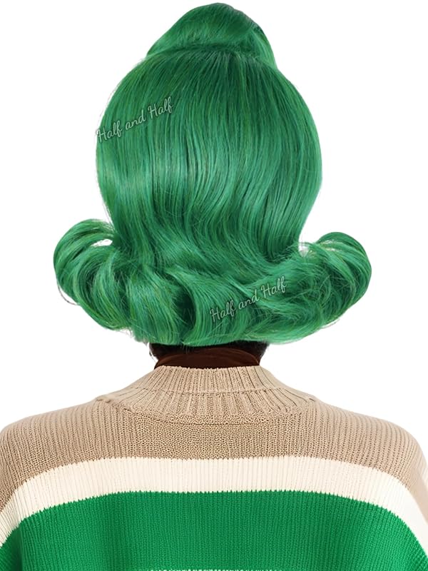 Dark Green Curly Wig and Eyebrows Short Green Costume Wigs Green Wave Wig Synthetic Hair for Halloween Party Outfit by Half and Half - Image 3