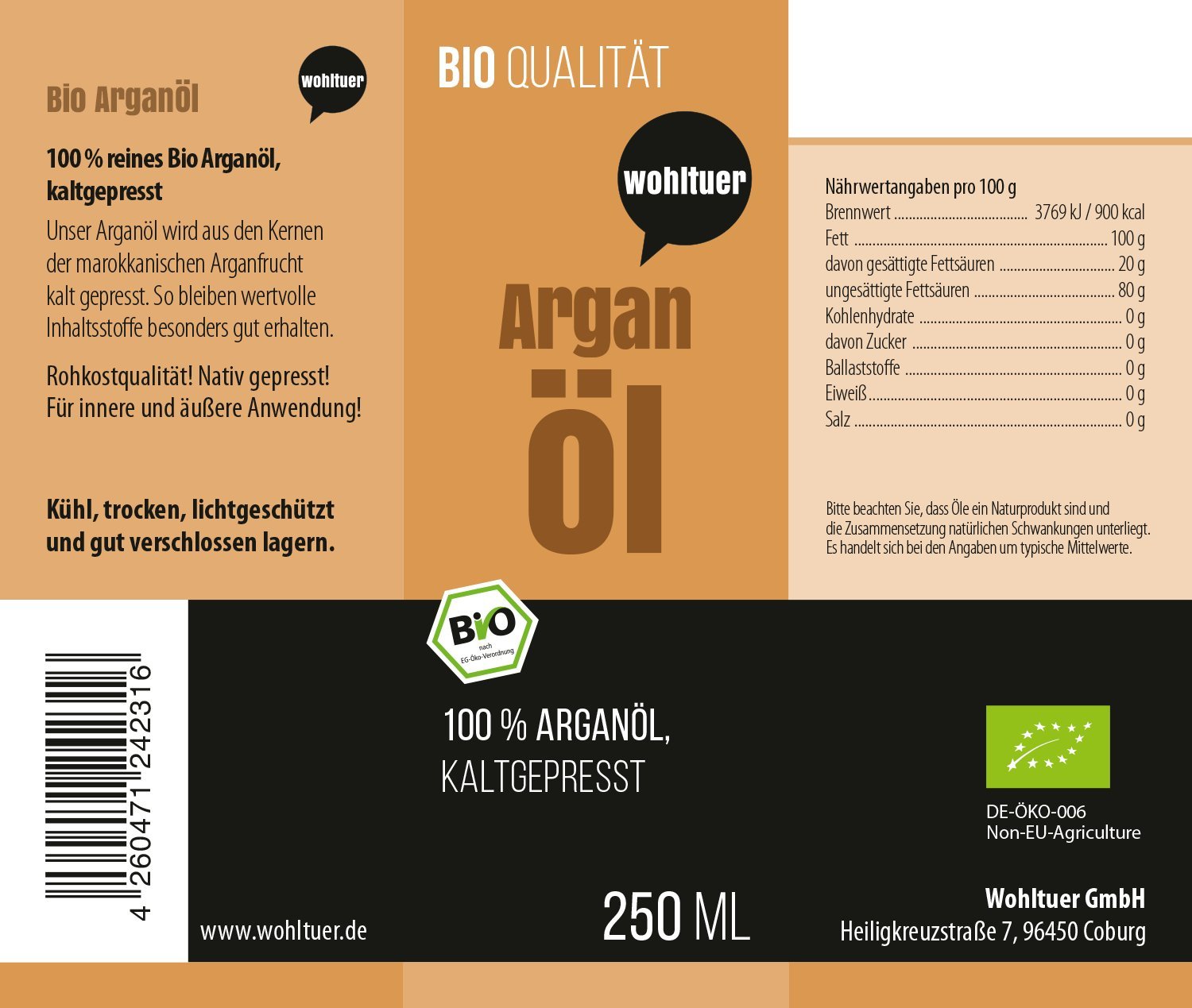 Olio di argan biologico, 250 ml, pressato a nativo e puro al 100%, commercio equo e solidale, per piccoli agricoltori cooperativi