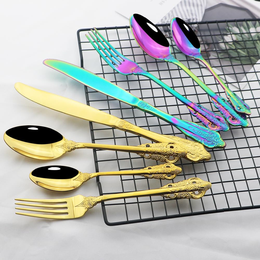Besteck- und Essbesteck-Set, 4/16/24/32/40/48-teiliges Palace-Geschirrset, Retro-geprägtes Geschirr, kreatives goldenes Geschirrset, Messer-, Gabel- und Löffelset,Rose Gold-4Set16Pcs
