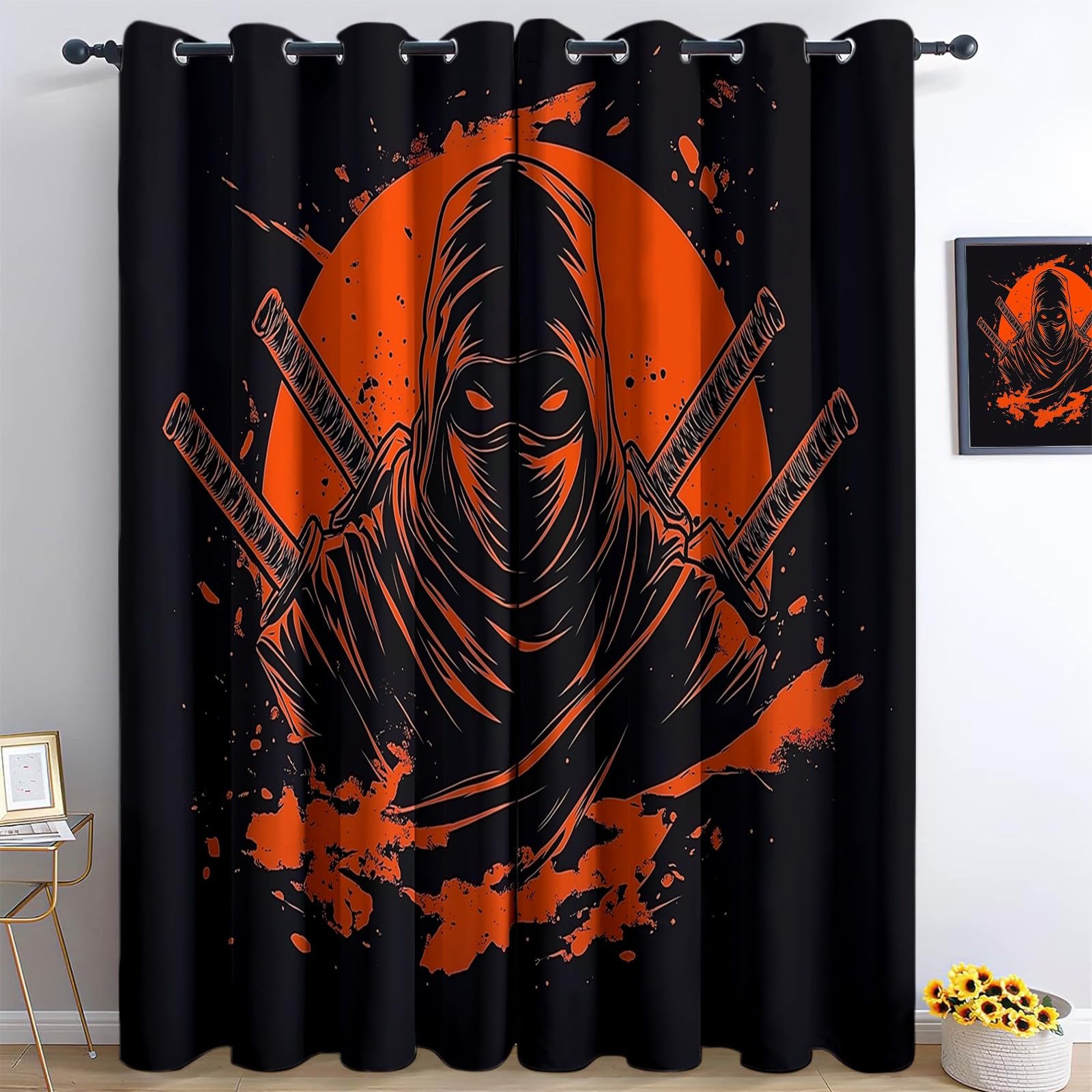Folia Retro Ninja Termiczna zasłona zaciemniająca, ochrona przed zimnem i ciepłem, oszczędność energii, idealna do sypialni i salonu, 220 x 215 cm, pomarańczowa, czarna, 2 sztuki
