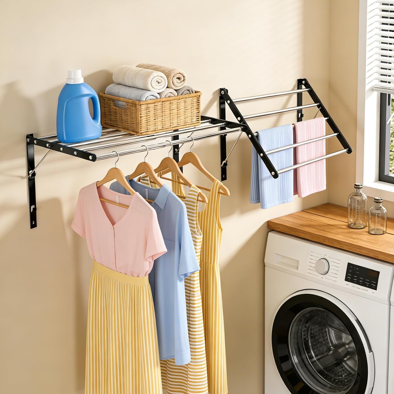 Wall Mounted Drying Rack, Pre-Install Adjustable Width 13-23 Inch, 60 lbs Heavy Duty Foldable Laundry Rack, Space Saving Stainless Steel for Apartment Laundry Room Bathroom, Black