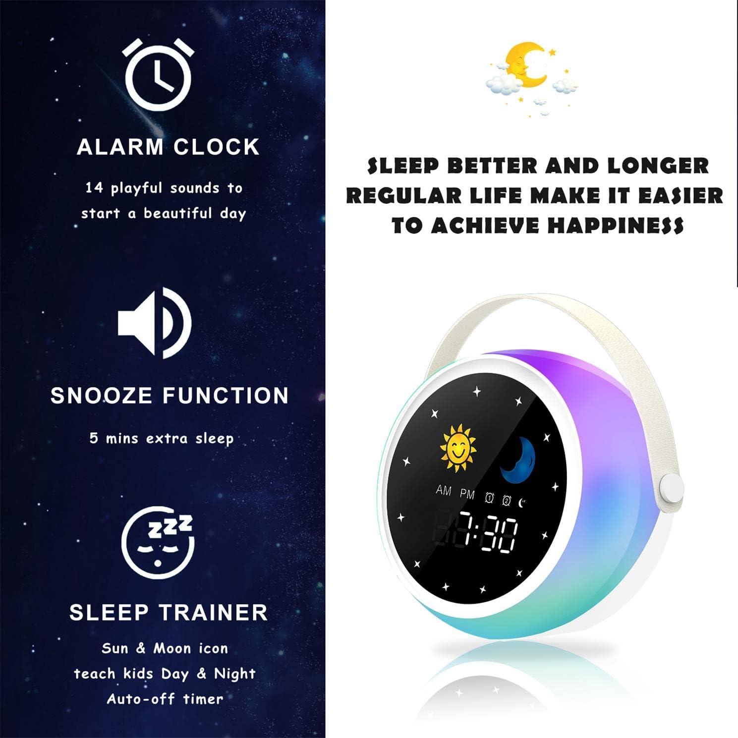 Image highlighting the alarm clock, snooze function, and sleep trainer features of the Aogamb D3000 Alarm Clock, with sun and moon icons on the display.