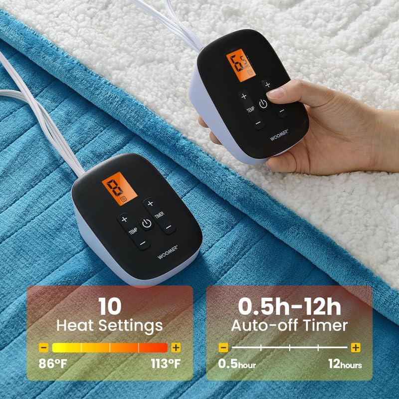 WOOMER Electric Heated Blanket Queen Size, Soft Flannel Fast Heating Blanket with Multi-Color Option, 84"x 90", 10 Heating Levels & 0.5-12H Auto Off, Over-Heat Protection - Image 6