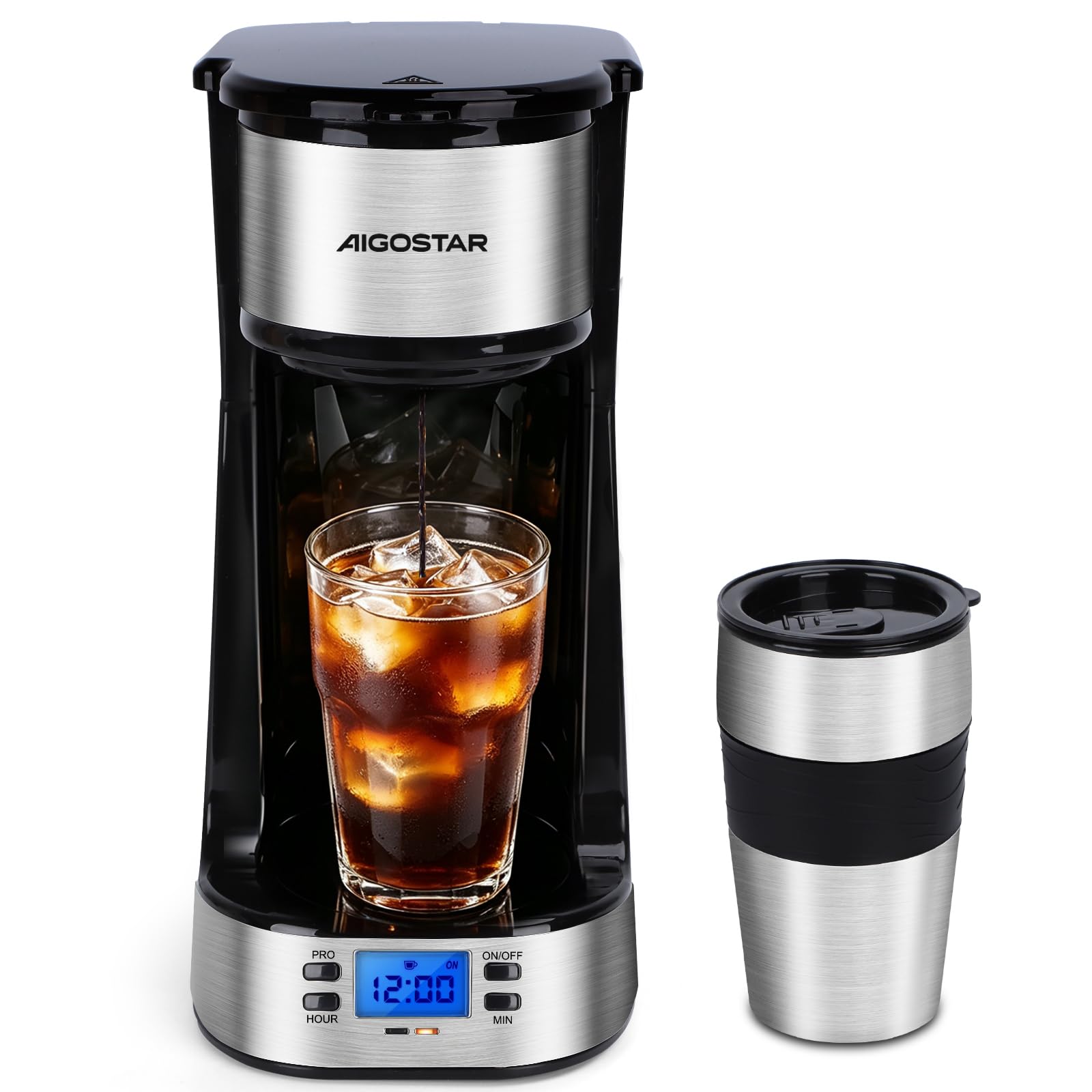 Aigostar Cafetera de Goteo Individual con Taza Termo de Viaje 420ml | Cafetera portátil para oficina y coche, Programable 24H con pantalla LCD, sistema antigoteo y función AutoClean, 700W