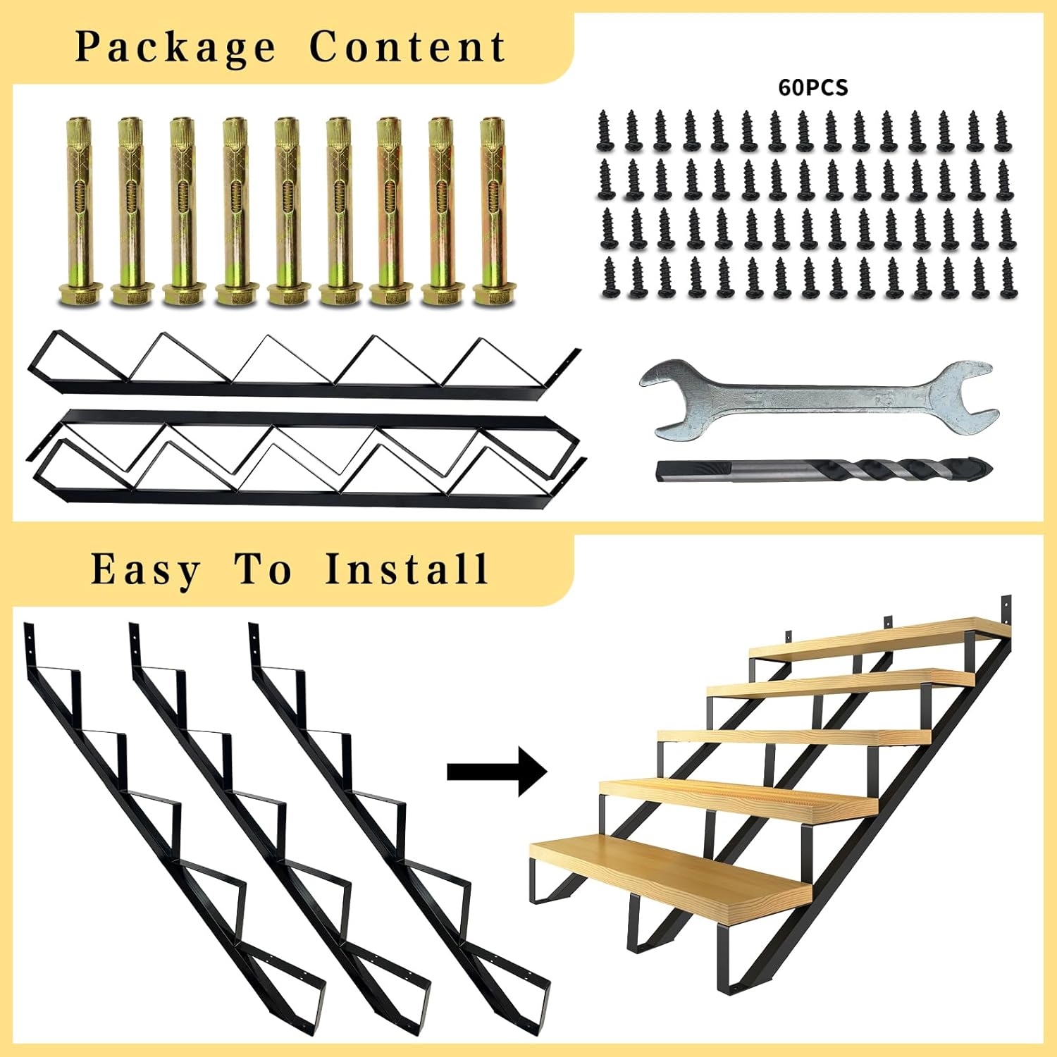 3 Packs Metal Stair Step Stringers, 5 Step Steel Riser Stringer for 42.4inch Height Deck(Polished Black)