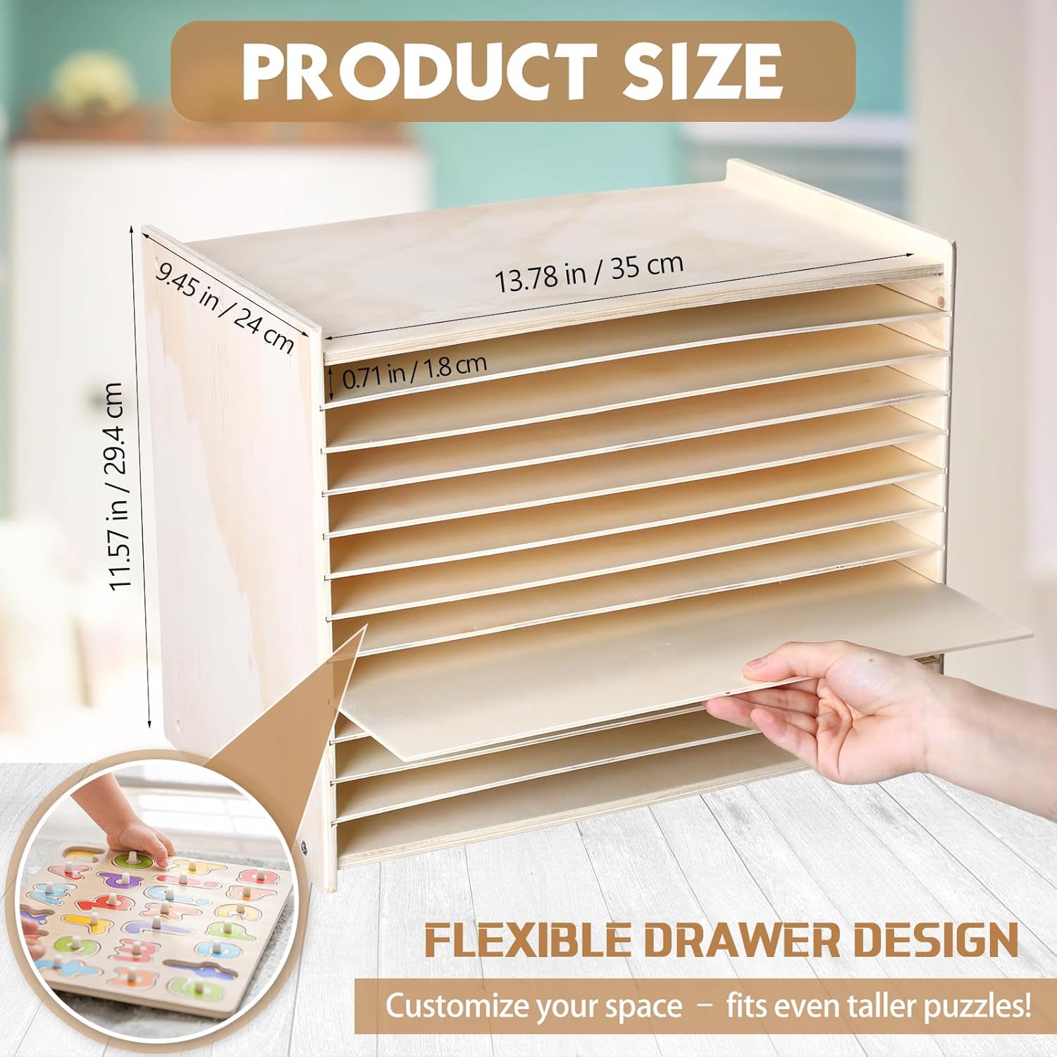 Wooden Puzzle Storage Rack Wood Tabletop Puzzle Holder with Adjustable Drawers 12-Layer Jigsaw Stand Shelf Rounded Edge Storage Cabinet for Raised Flat Paper Craft Supplies