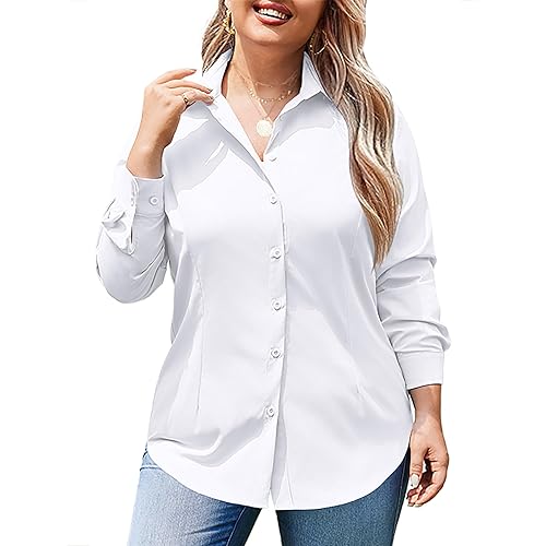 IN'VOLAND Women's Plus Size Button Down Shirts Long Sleeve Collared Casual Shirt Office Work Blouse Tops