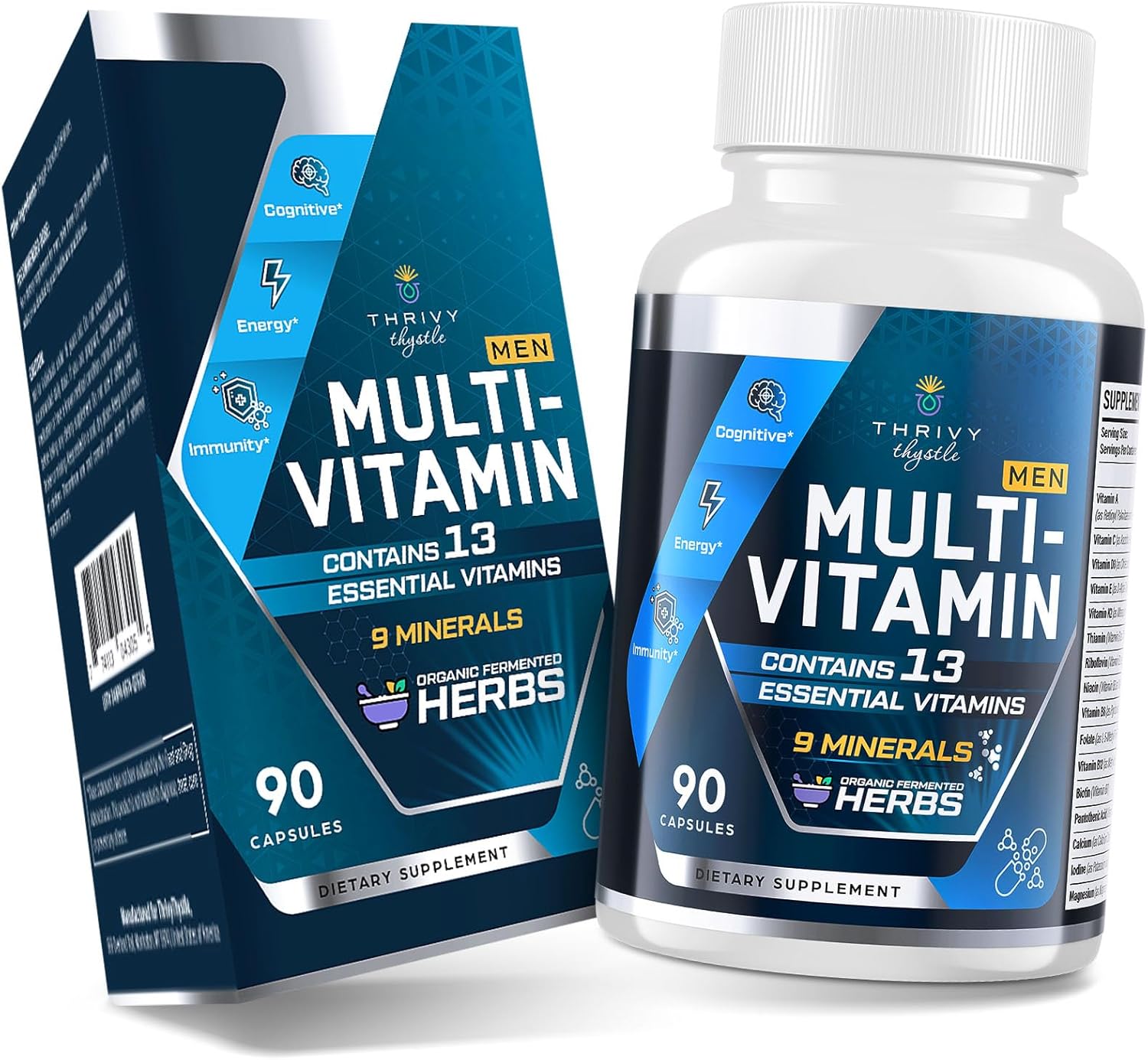 Multivitamin for Men 50+ with Methylated B12 & Folate, Omega-3 & CoQ10 – Fermented Herbal Blend, 43 Vitamins & Minerals – Supports Brain & Memory and Immune Health – 90 Capsules