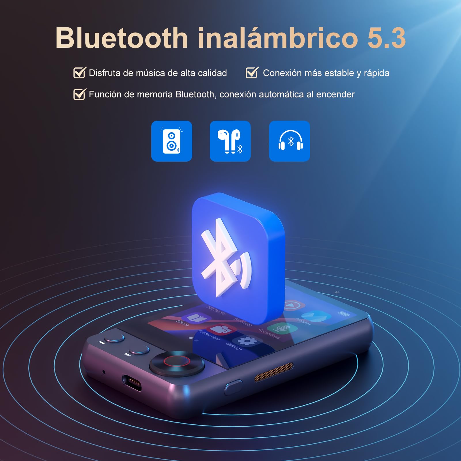 Reproductor MP3 de 128GB con Bluetooth 5.3, Reproductor de Música Portátil con 2,4'' con Altavoz, Reproductor MP3 con Radio FM, Grabación de Voz, Auriculares (Negro)