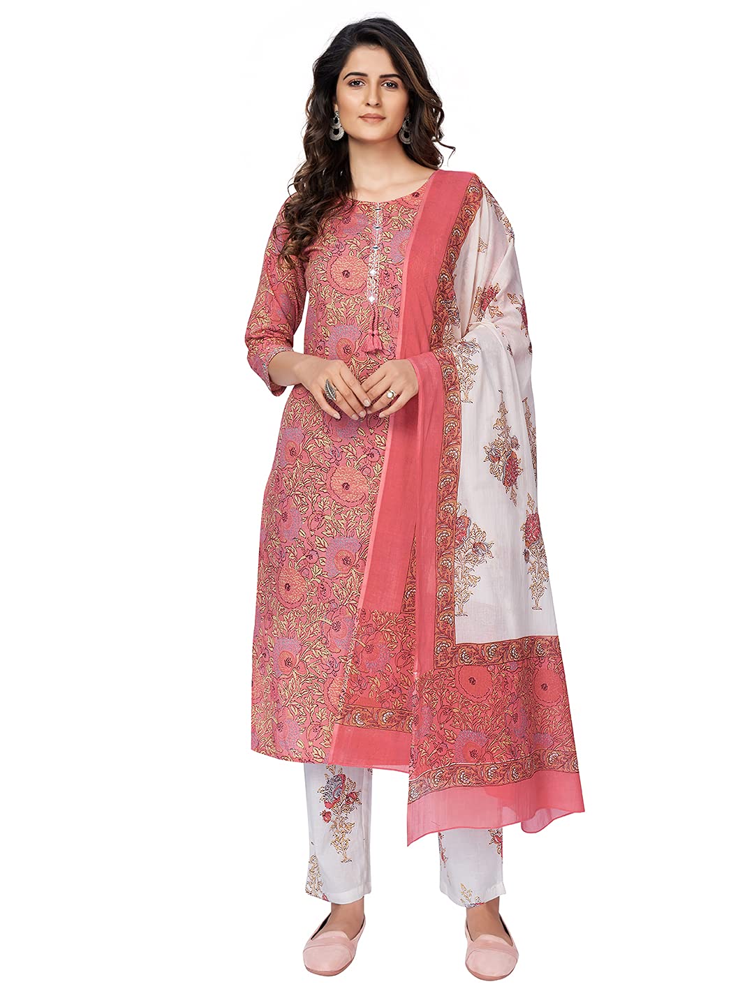 Women's Printed & Embroidered Straight Cotton Pink Kurta With Pant & Dupatta| Kurta Set For Women | Suit Set For Women | Kurti Dress Set | Cotton Fabric Set-image-45