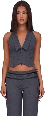 Tiger Mist Fedra Halter Neck Vest with Button Front and Backless Tie