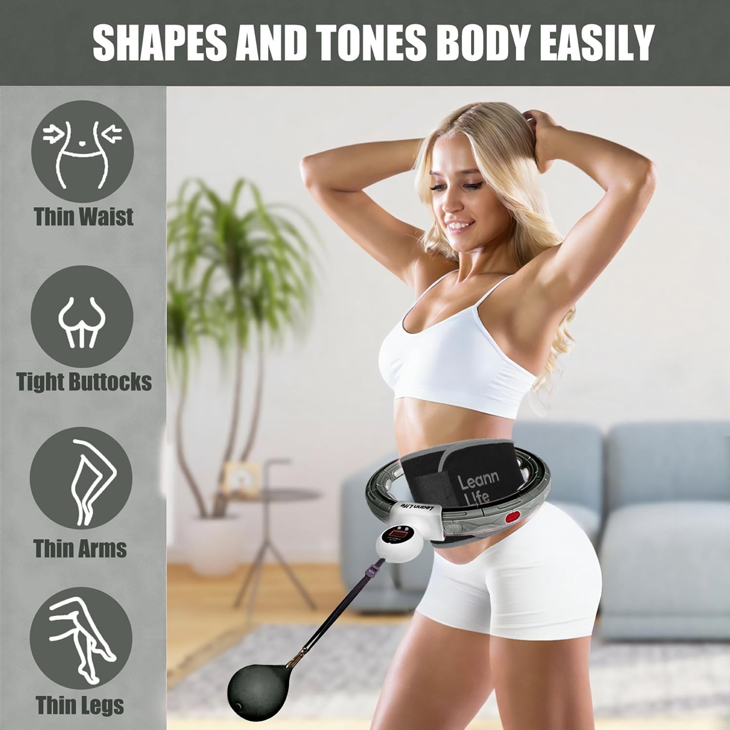 U5 Weighted Hoop (Gray 16 Knots, 28”-46”) with Smart Counter + 52” Waist Trimmer & Wash Bag Bundle