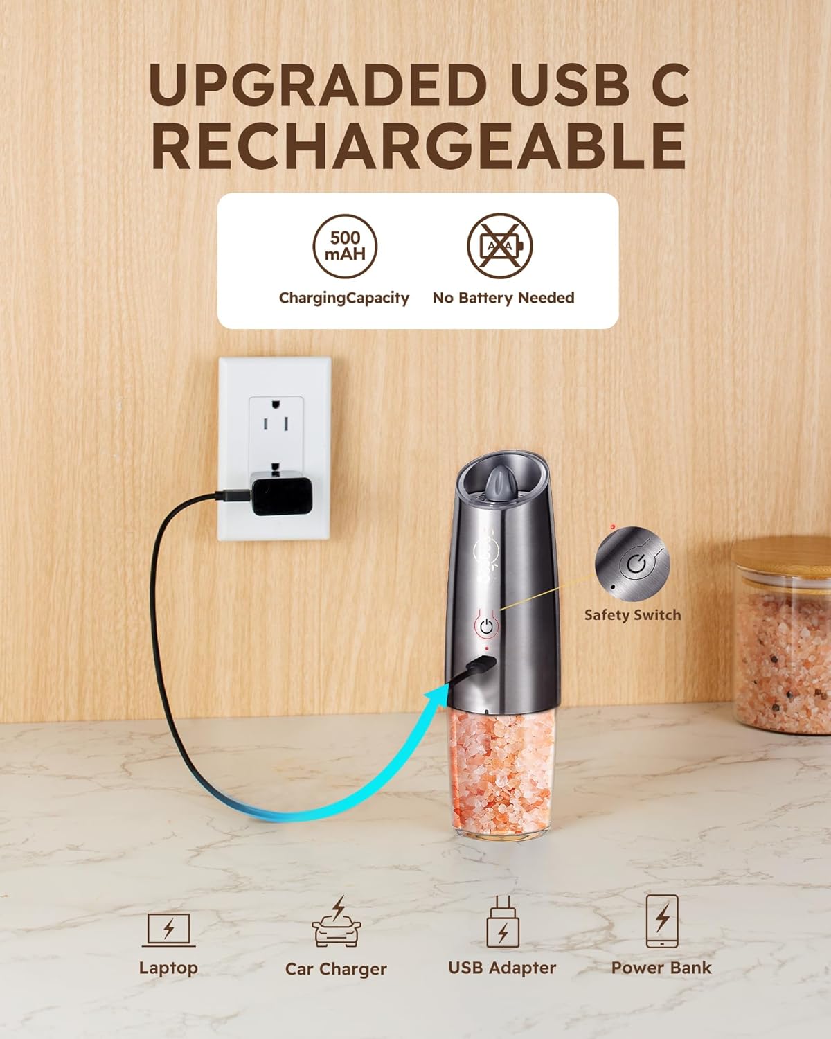 Sangcon Electric Grinder being charged via USB-C cable connected to a wall outlet