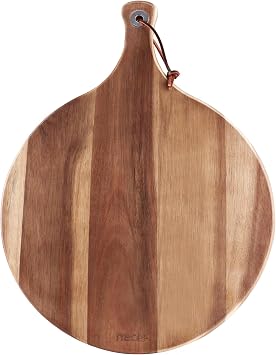 hecef 12 Inch Large Cheese Board Acacia Wood Charcuterie Round Platter with Paddle Handle for Pizza Fruits Vegetables Bread, Food Serving Tray Gift Set for Kitchen