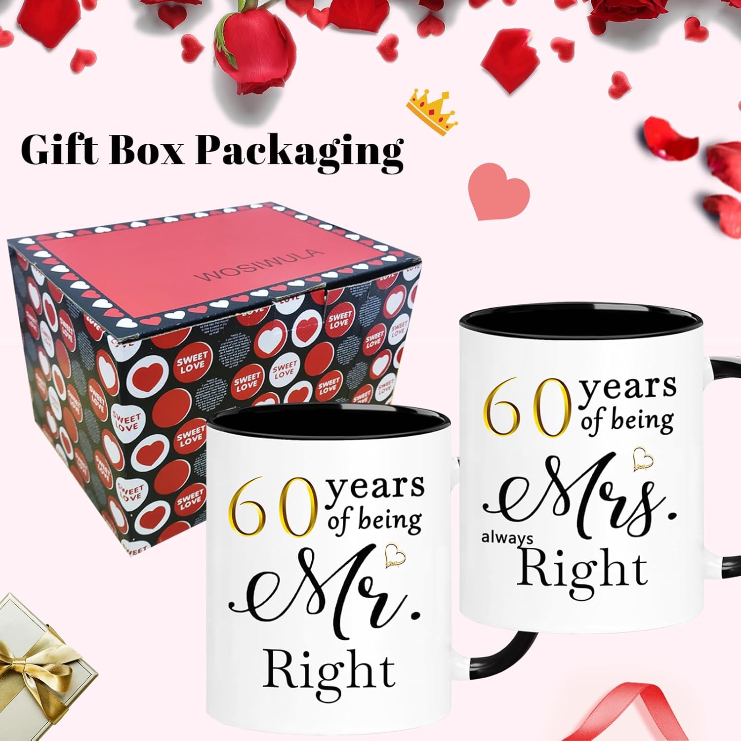 WOSIWULA 60 Year Anniversary Birthday Coffee Mugs Set of 2, 60th Wedding Anniversary Decorations Gifts for Couple Grandparents Parents Women Men Wife Husband Her Him, 60th Birthday Gifts, 11oz - Image 6