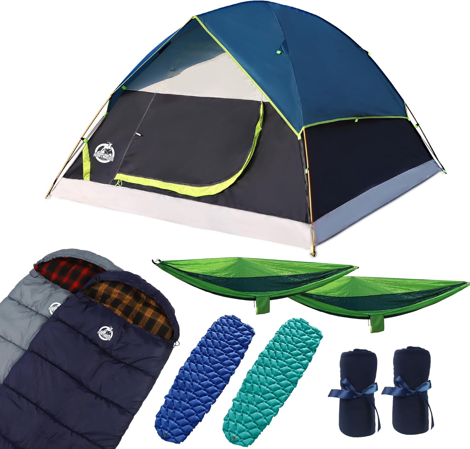 Northroad 9PCS Camping Tent Kit, Including 1 2/3 Person Dome Tent, 2 Sleeping Bag, 2 Sleeping Pad/Camping Mat, 2 Single Camping Hammock with 2 Tree Straps, 2 Lightweight Fuzzy Bed Blanket