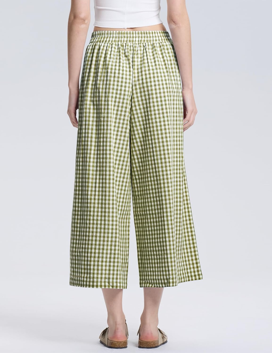 LOMON Womens Wide Leg Capri Pants Cotton Gingham Plaid Culottes Summer Elastic Waist Palazzo Trousers Bottoms with Pockets - Image 6