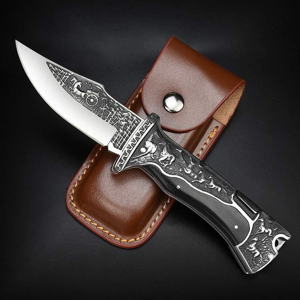 NedFoss Dark Hourse Pocket Knife for Men, Fathers Day Dad Gifts for Men from Daughter Wife Son, 3.5 inch Engraved Unique Folding Knife, Pocket Knives with Holster, Cool Knives, Mens Stocking Stuffers Gifts Idea for Boyfriend Husband Grandpa