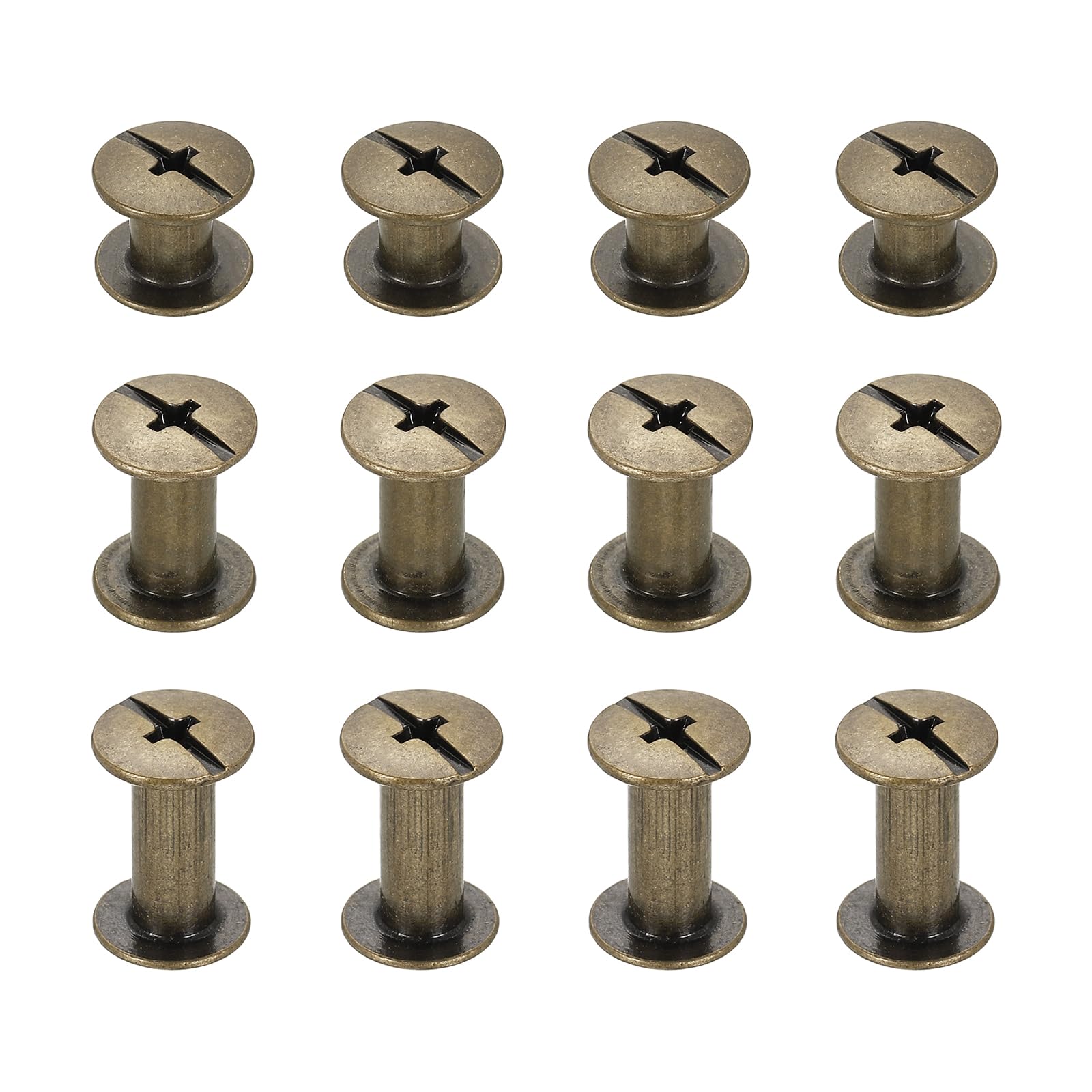 sourcing map 75set Chicago Screw M4 x 6/10/12mm 8/12/14mm Length Metal Phillips Nail Rivet Stud Screw Bolts Rivets Binding Post Screw for DIY Leather Belt Bag Craft Bookbinding, Bronze