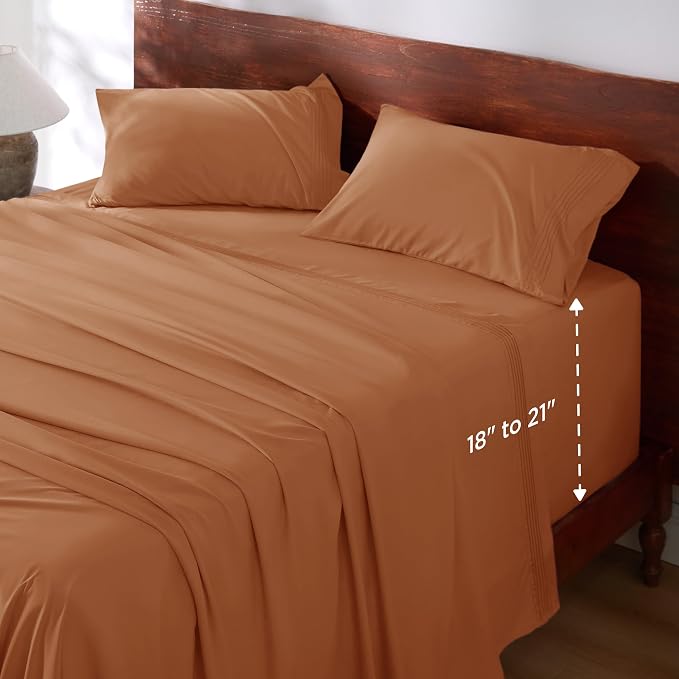 Bedsure Deep Pocket Queen Sheets Set - Fits Mattresses Up to 21" Thick, 4 Piece Air Mattress Sheets with Deep Pocket, Moisture Wicking Soft Cooling Bedding Sheets & Pillowcases, Burnt Orange