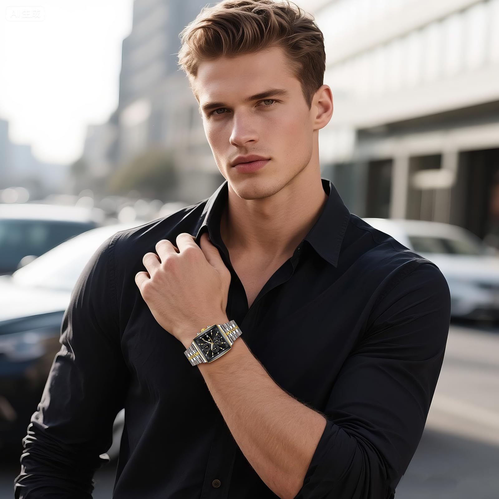 OIDEA Montre carrée élégante pour homme : date chronographe analogique à quartz multifonction argenté doré classique business cadran noir bracelet en acier inoxydable montre cadeau pour homme