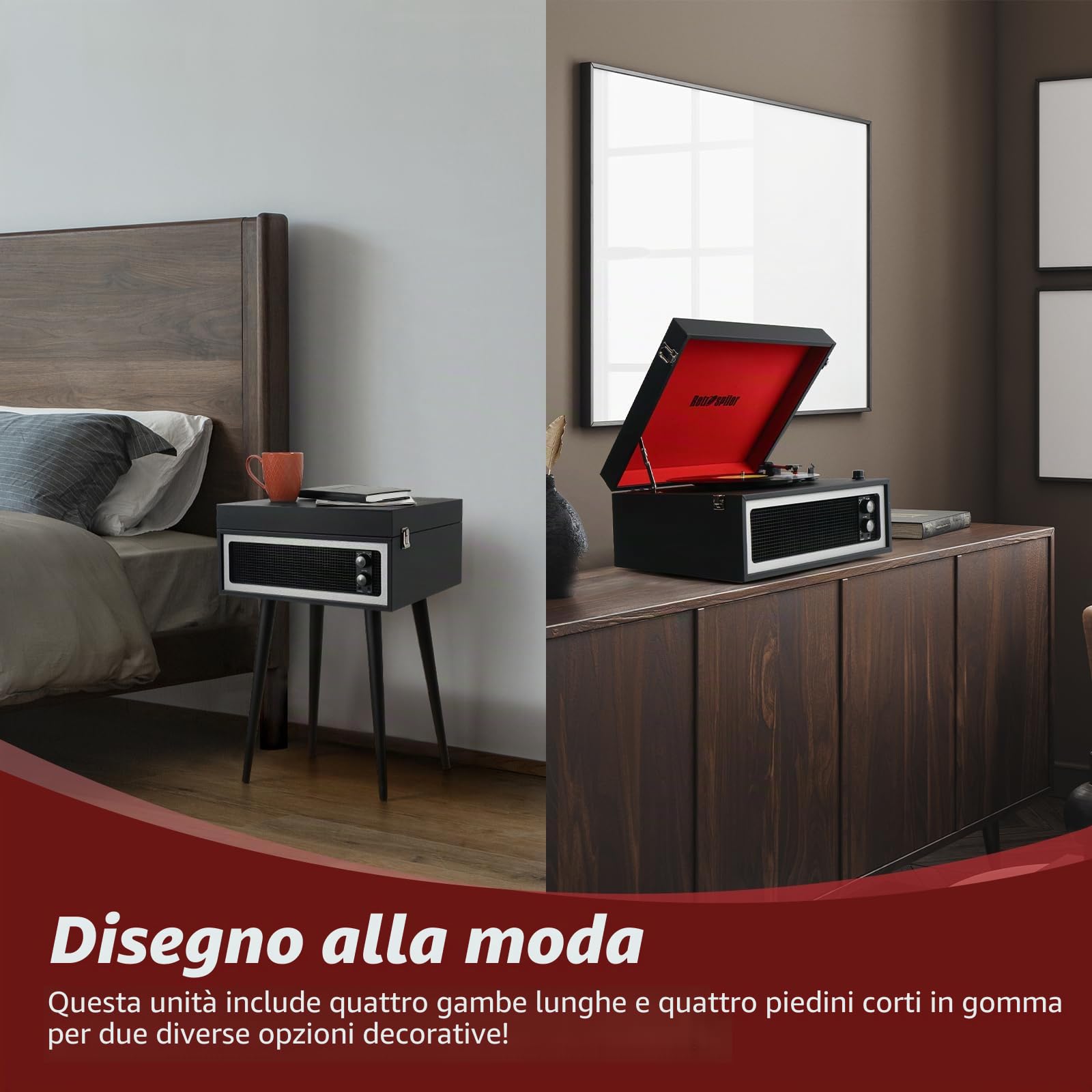 Giradischi Bluetooth 3 Velocità con Altoparlanti Integrati e Gambe Staccabili, Riproduzione USB, Nero