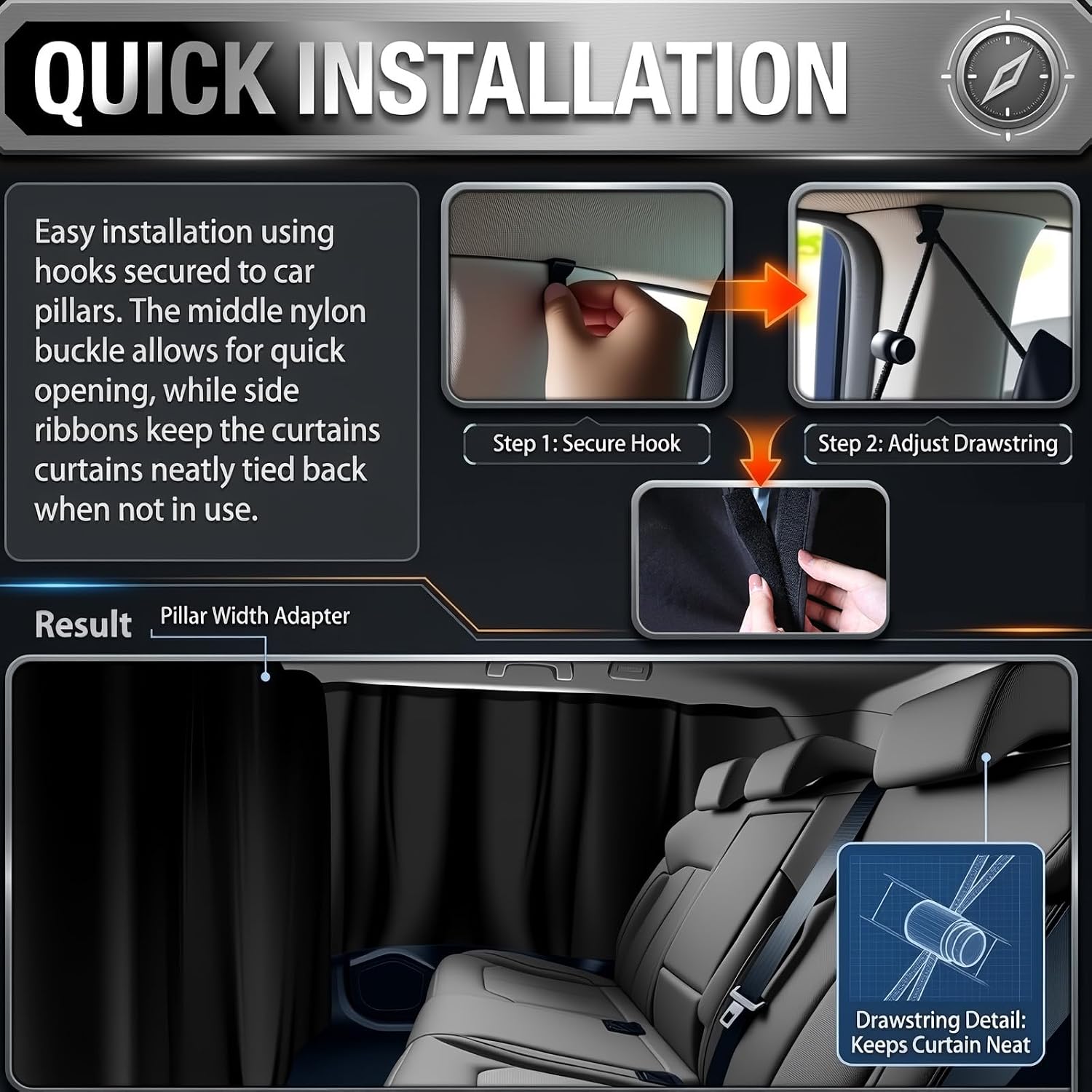 3PCS Car Privacy Curtains,Portable Car Window Shades Protect Privacy and Block Heat,Black Coated Rear Cars Side Window Shades & Divider Curtain for Most Cars SUVs