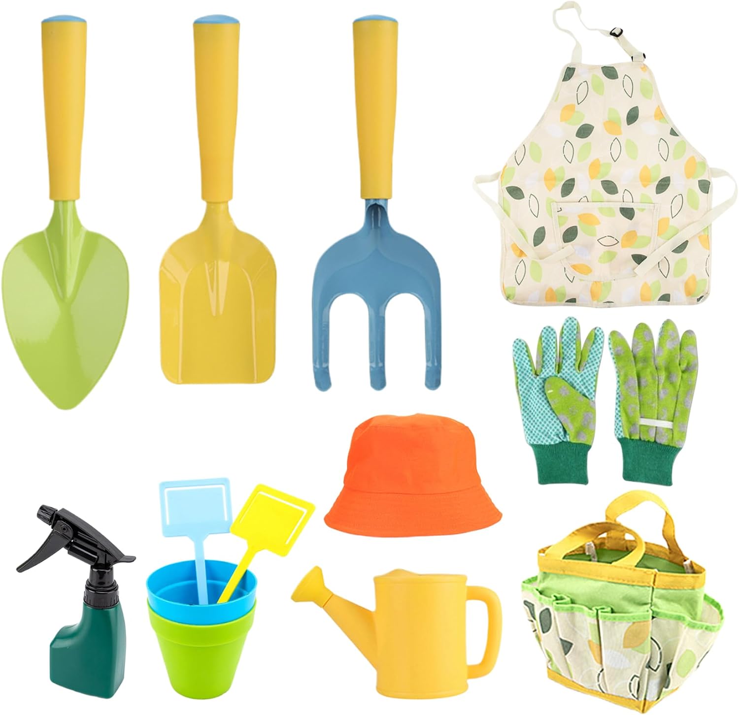 Kids Gardening Set, 11PCS Toddler Gardening Set Including Shovel, Rake, Watering Pot, Gloves, Apron, Hat, Flowerpot ＆ Tote Bag, Kids Tools for Boys Girls, Tools