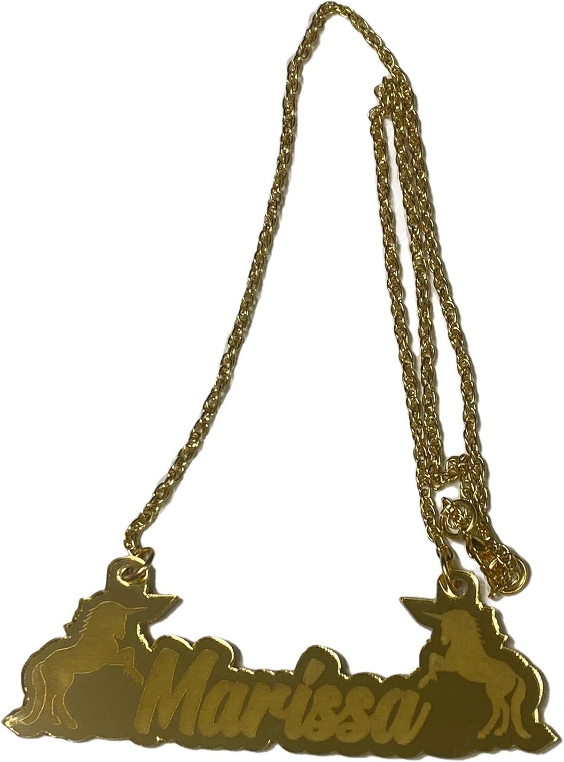 MIRROR MANIA Name Plate Custom Script Name Necklace Nameplate Laser Cut Personalized, Diamond Look Letters with Unicorn Design, Gold Chain and Heart, Made To Order Any Name - Dazzling and Stunning!