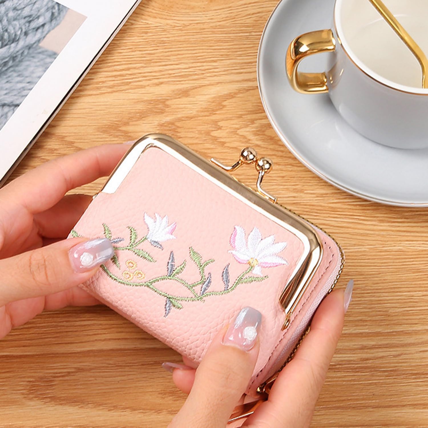 Vintage Women Wallet Credit Card Holder Cute Flower Coin Purse, Pink for Female Ladies Girls