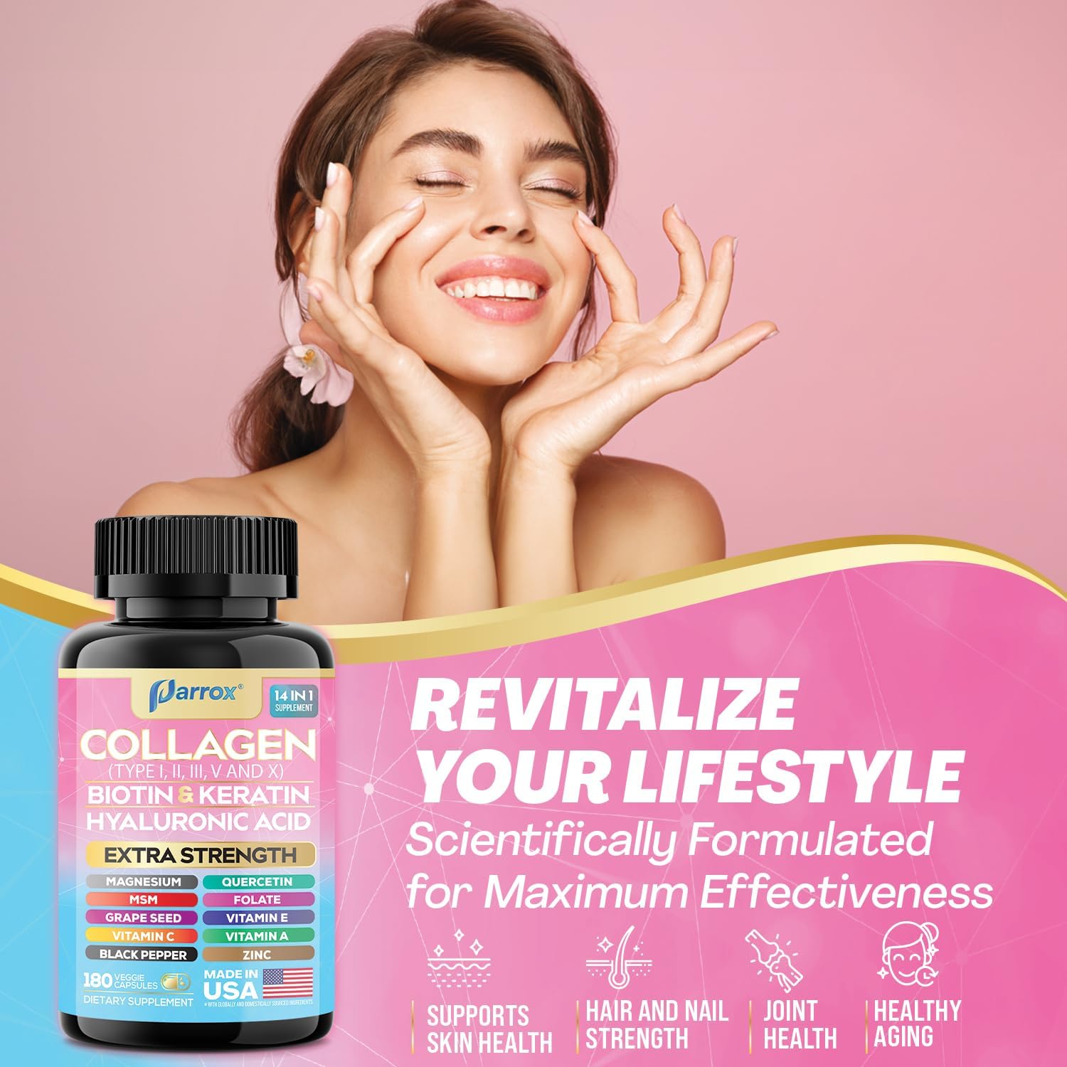 Collagen Peptides Types I, II, III, V & X, MCG Biotin, Keratin, Hyaluronic Acid, MSM, Zinc, Grape Seed Extract, Quercetin, Vitamin A, Vitamin C, Vitamin E, Magnesium, Folic Acid (180 Capsules)
