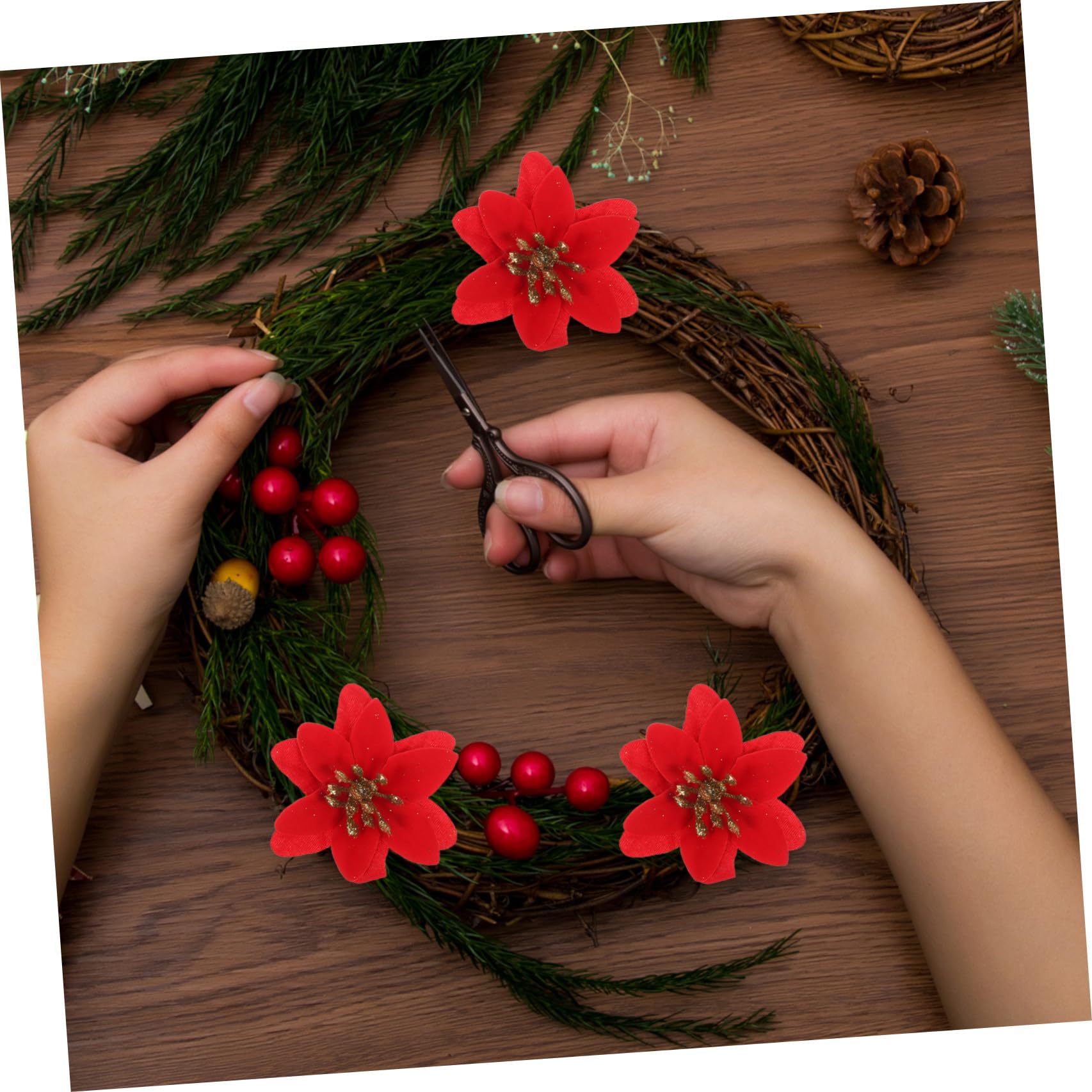 Zerodeko Flores Artificiales Rojas Hechas de Plástico y Tela con Lentejuelas para 10 Piezas Ideales para Arreglos y Manualidades para Decoración Navideña