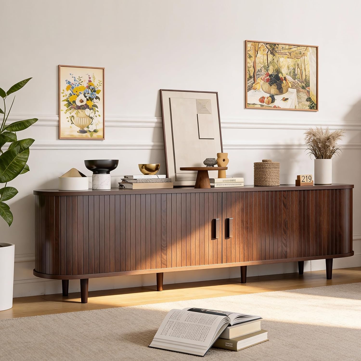 70" Mid Century Modern TV Stand, Wood TV Consoles with Sliding Doors and Power Outlet, Entertainment Center with Adjustable Shelves, Fluted TV Stands for Living Room, Walnut - Image 8